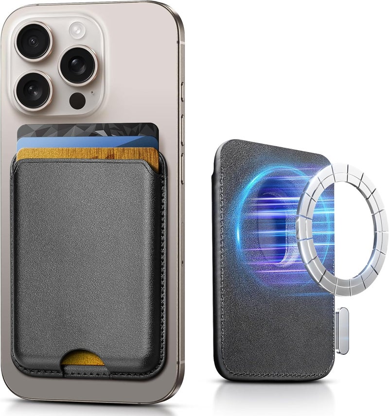 SOUNDBYTE Stronger Magnetic Wallet for iPhone 17/16/15/14/13/12 Series & for MagSafe Cases | N52 Magnet RFID Blocking Leather Magnetic Card Holder with Powerful Magnets | Holds 3 Cards | Black - Image 1